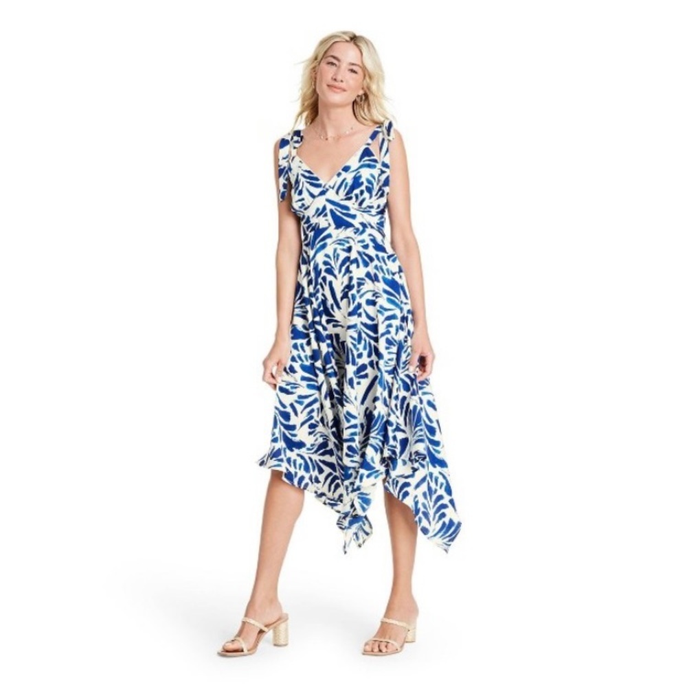Alexis For Target Dress Medium Asymmetrical Botanical Tie Strap Blue White NWT
